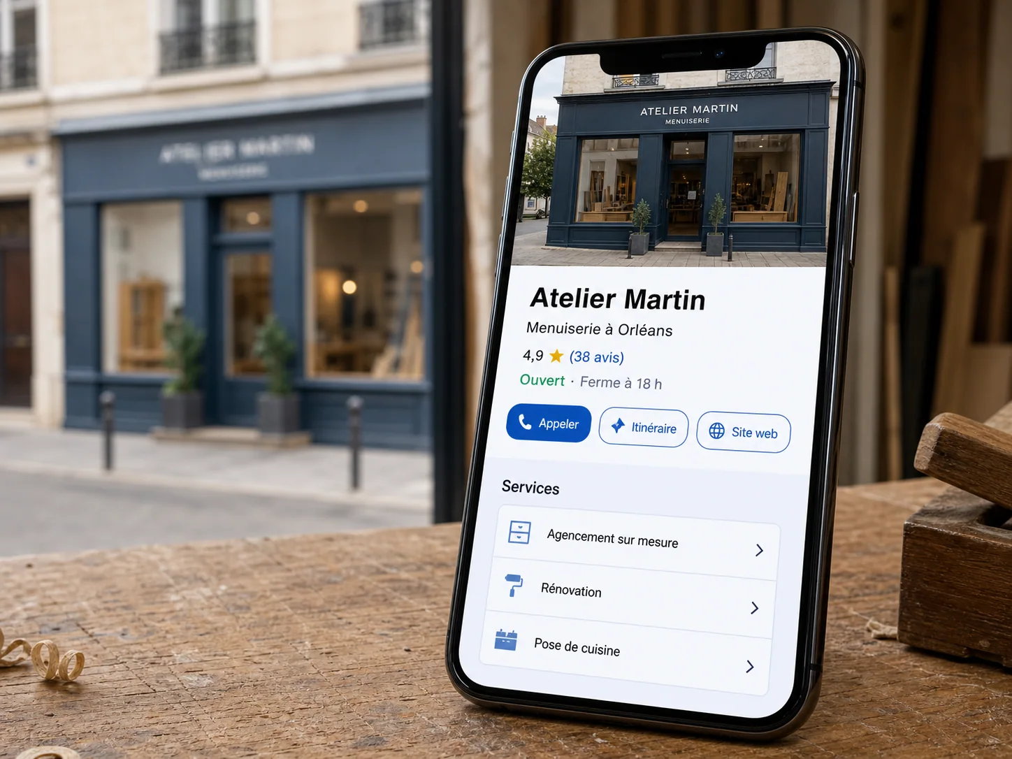 Exemple d’une fiche locale complète affichée sur un téléphone