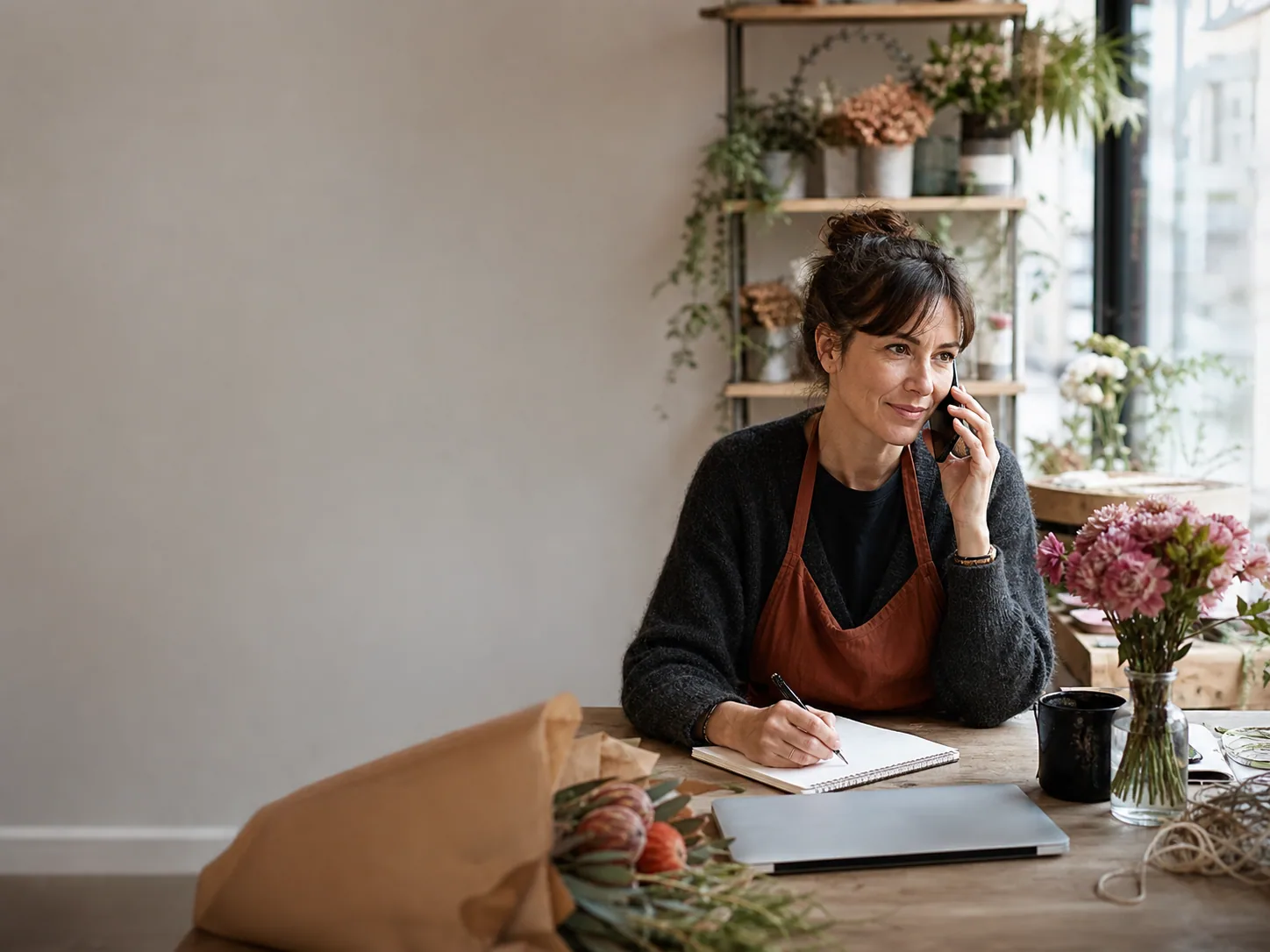 Entrepreneuse locale échangeant par téléphone pendant son diagnostic