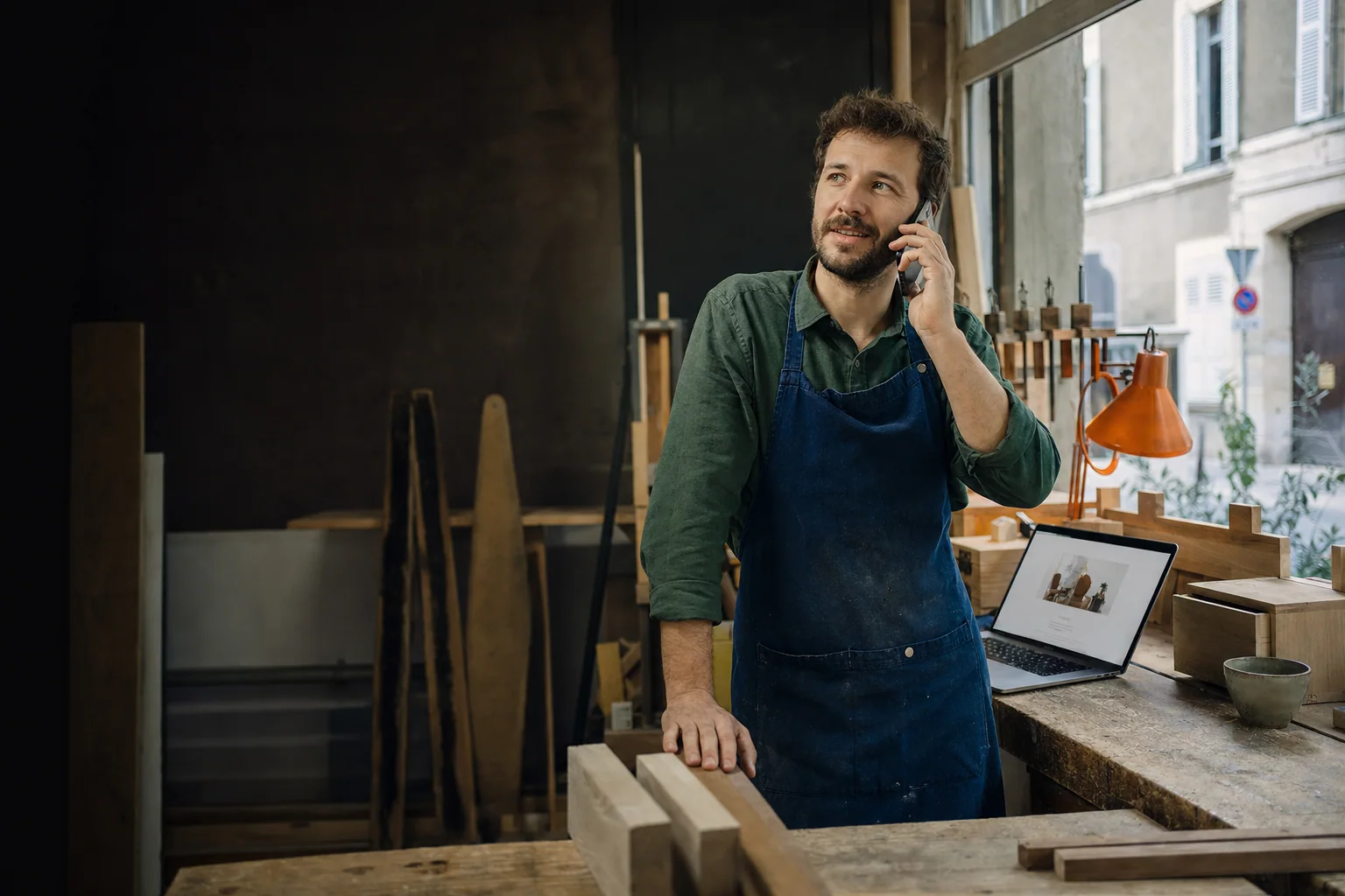 Artisan dans son atelier répondant à une demande client