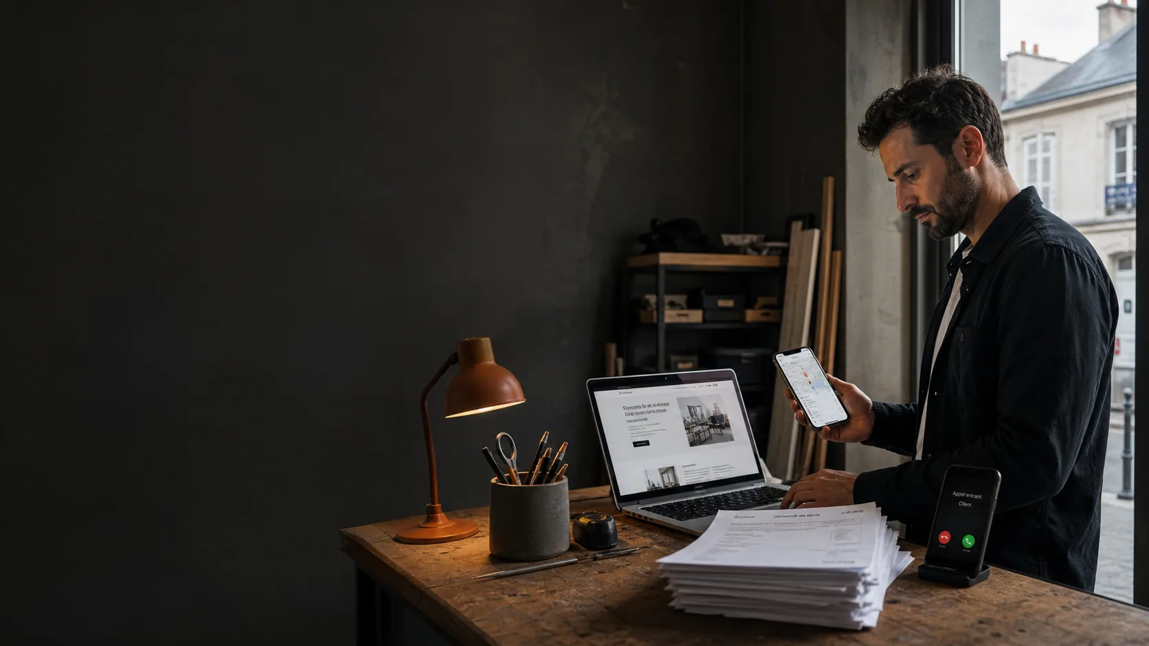 Entrepreneur local examinant son site, sa visibilité et ses demandes clients